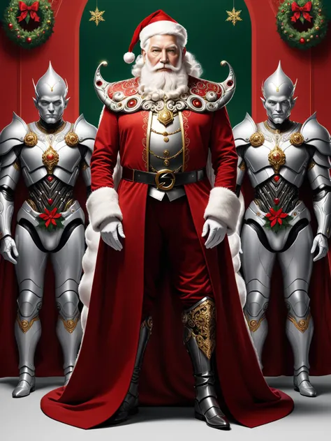 1man, Santa Claus Overlord, cyborg body parts, intricate baroque suit, supreme leader, christmas elves bowing to Santa