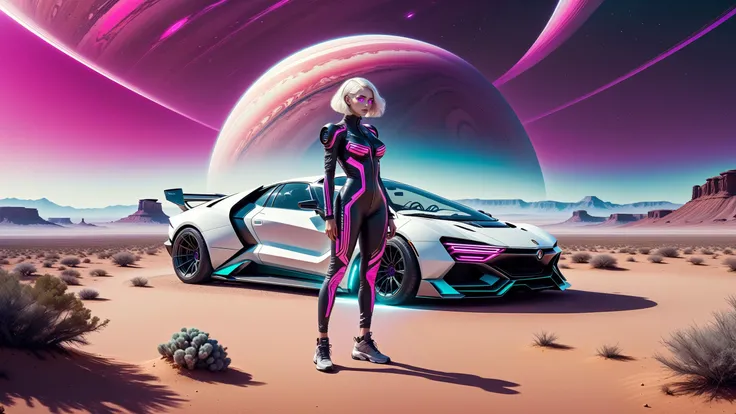 full body wide angle cinematic shot [standing on path leading to alien city under glass dome], surreal purple sky,(standing woman looking at tablet device:1.3), (standing in front of vehicle:) , (vehicle focus:1.3),alien planet, surreal desert terrain,(pale, 24 years old, large covered breasts, cleavage, skinny waist, young european woman, futuristic fashionista:1.3), arm extended holding tablet, utility belt, watch, holographic map emitter, (Oval-shaped face, luminous complexion, aqua+ almond-shaped eyes, thin high arched eyebrows, small upturned nose, cupid's bow lips:1.2),(backlit sliced bob medium white hair:1.3),BREAK,form-fitting high tech racesuit with neon magenta accents that highlight her silhouette,(dragon scale leggings:1.1) standing next to ((widebody+ cyberpunk+ prerunner rally offroad car) (style of (Giorgetto Giugiaro:1.4) (Gordon Murray) (Horacio Pagani:0.8))),opalescent paint,BREAK [alien sky], [magenta cloudy skies], [ringed planet in distance],dust trails, dust devil <lora:Drone_Cars_XL:0.55>