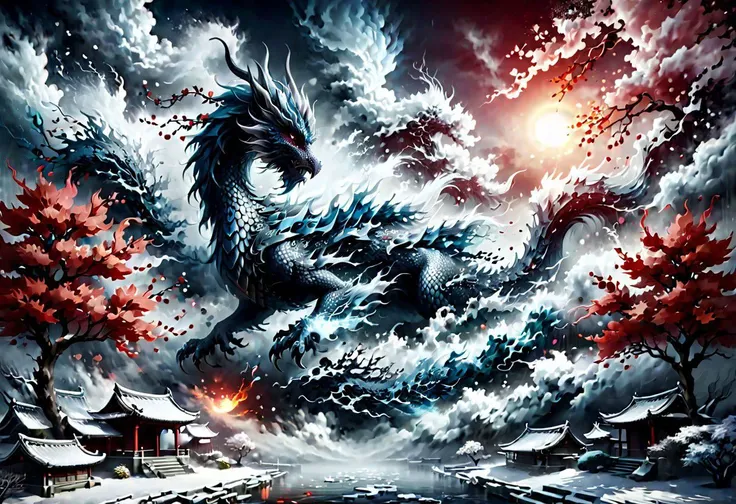 ais-sinisterz , Masterpiece, Best Quality:1.4), highres, Traditional media, Manga, retro artstyle, beautiful, (centered), Style-winter, oriental dragon, Surreal Harmony, dissolve, ral-dissolve, Day, cloudy sky, red sun, cherry tree,swirl of petals, extremely realistic and hyper detailed, trending on pinterest vogue italia unreal engine 5 <lora:ral-dissolve>