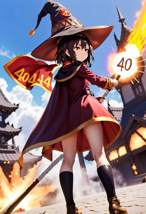 megumin viewed from behind, witch hat, cape with "404" written on it, staff, text "404", giant explosion in the background,