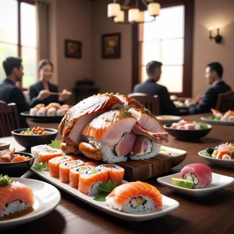 (whole entire full (roasted turkey sushi) on beautiful dining room table thanksgiving dinner), ((group of people family friends in the background)), (4k, 8k, cinematic, spotlight lighting, extreme detail, ultra quality, HD, high definition, HDR, high dynamic range, octane render, Masterpiece, best quality, colorful, 8k wallpaper, Volumetric Lighting, best shadows, crisp clear ultra definition, hyper realistic realism)