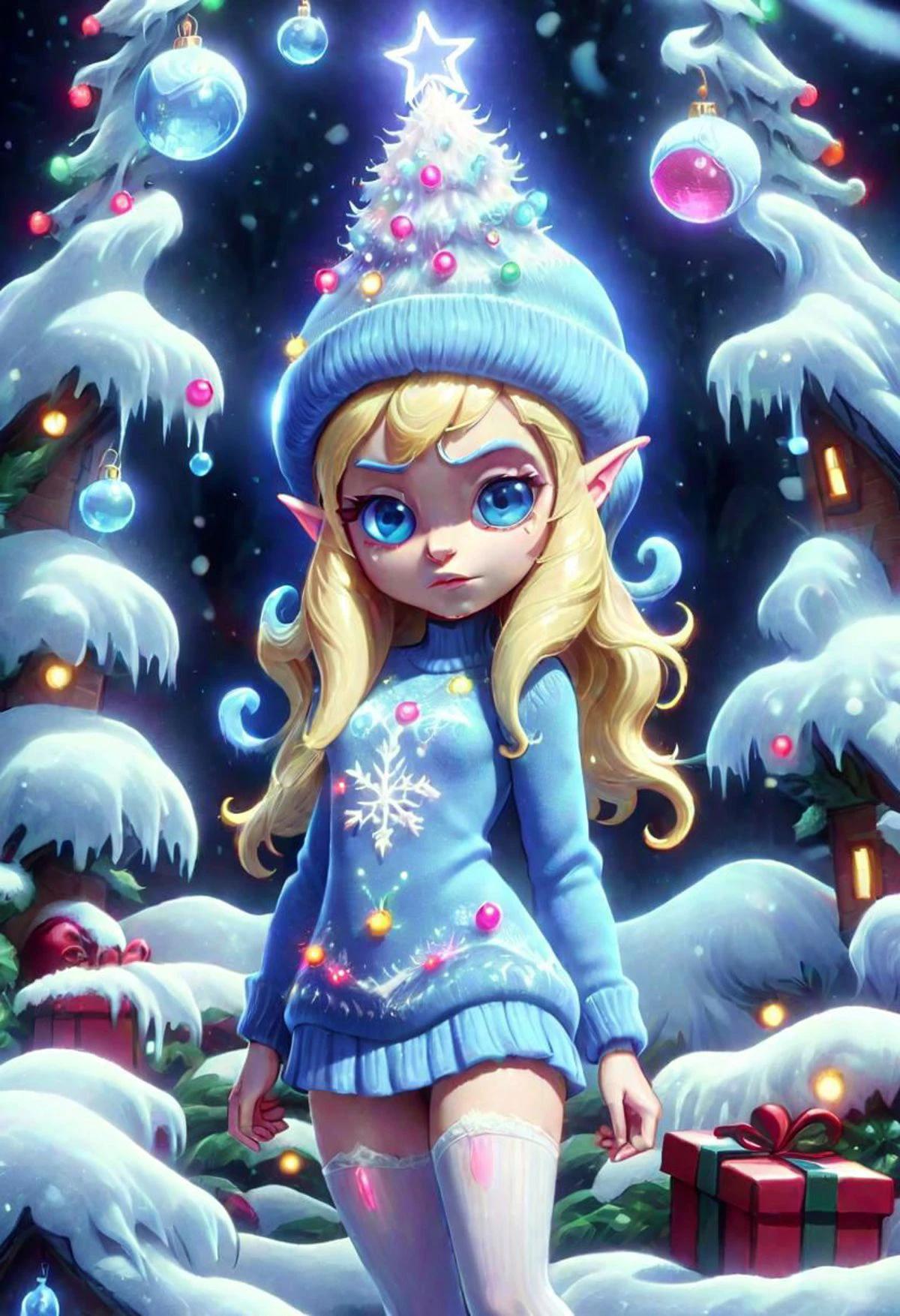 (blue skin:1.8) (blue skinned smurfette, wavy blonde hair, elf ears in a white Christmas sweater and a white stocking cap:1.2), a cute holographic Christmas tree made of ice with Christmas lights and a cute holographic blue Epoch Elves , DonMN30nChr1stGh0stsXL, detailed, realistic, sharp focus