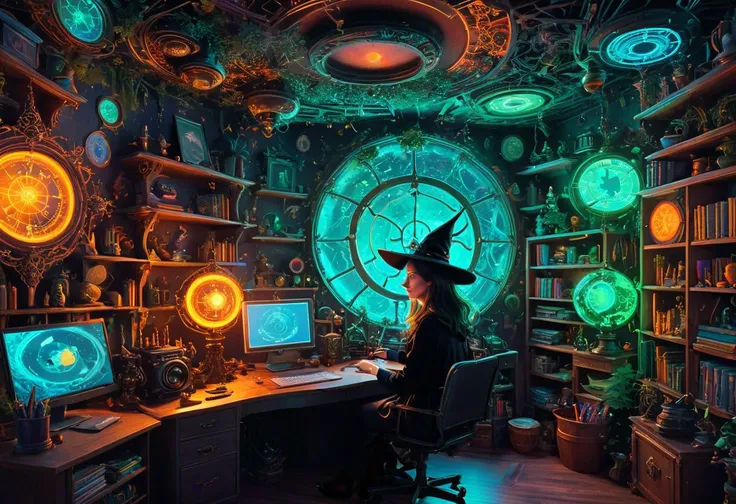 ((dawn)), undersea, magical cauldron, trees, absurd detailed, board, (witch on desktop magical:2), cockpit, flight instruments, network, paper works on desk, bookshelf, mirror, door,(camera,engine:1), ((colorful neon lamp)), intricate details, detailed,(octagon:0.5), photo