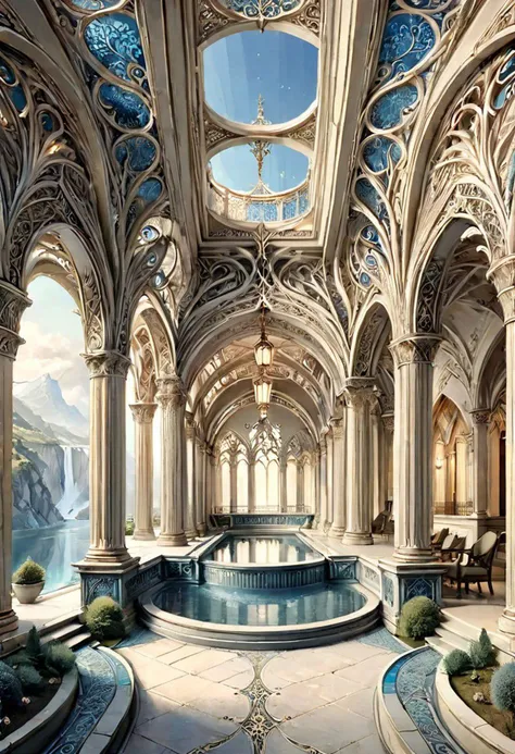 Charles Schridde,ivory,Terragen, extremely courtyard with a bridge over a gorge, beautiful, intricate details, masterpiece, highest quality,
futuristic style, elegant, modern, ultramodern, hi-tech, detailed, ornate and intricate,
Architectural style, Clear lines, geometric shapes, minimalism,architectural drawing,high detail,
,ON PARCHMENT,INK ON PARCHMENT, Architectural drawings, detailed designations, grid lines,