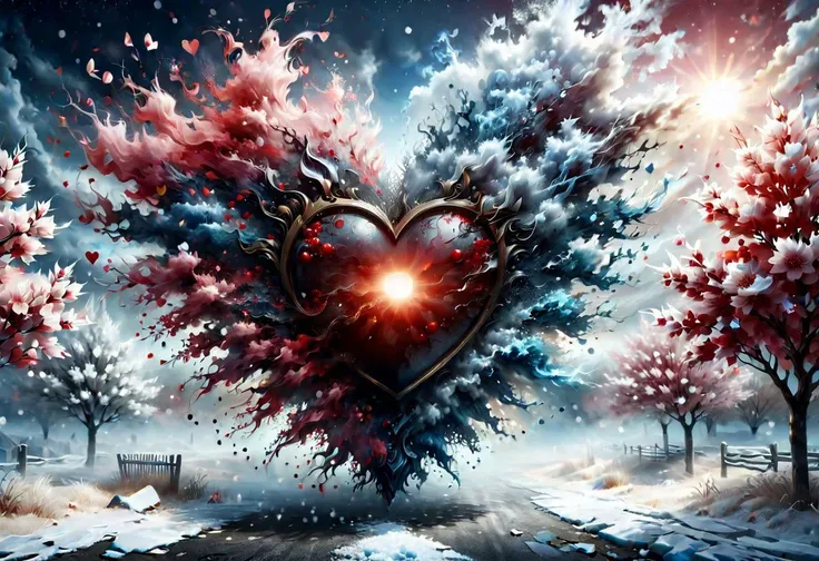ais-sinisterz , Masterpiece, Best Quality:1.4), highres, Traditional media, Manga, retro artstyle, beautiful, (centered), Style-winter, heart shaped shield, Surreal Harmony, dissolve, ral-dissolve, Day, cloudy sky, red sun, cherry tree,swirl of petals, extremely realistic and hyper detailed, trending on pinterest vogue italia unreal engine 5 <lora:ral-dissolve>