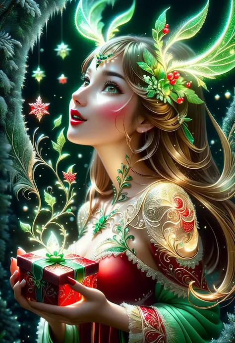 Abstract art in the style of Andy Kehoe, hyperdetailed, half body photo of a Joyful Reaction anthro woman, Holding a Gift Red Box with Green ribbon in her hands, Medium Breasts, elk antler, (((glow red nose))), (((red glowing bright snout))), emerald ornate, intricate, soft, dreamy, fireflies, golden ratio, perfect composition, pale background, seductive pose, seductive expression, holding a present,