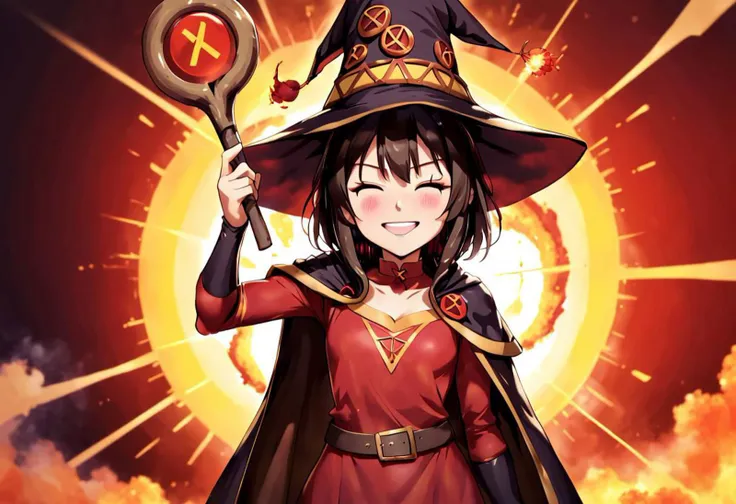 (megumin, witch hat, cape, staff, smile with closed eyes. ^_^, symmetric face, perfect face, double peace sign, V sign), (giant explosion with text "404" background, text "404":1.4),