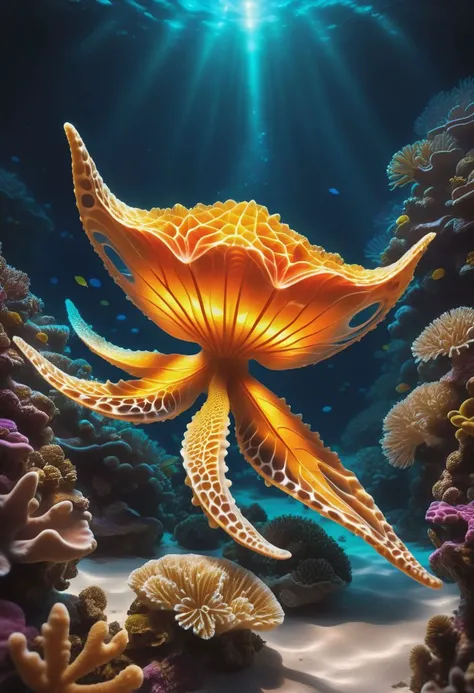 ASCII Masterpiece, (cosy), (ultra high res, mj,best quality,highly detailed:1.5),(cinematic),(volumetric lighting, volumetric shadows:1.5),Amazing, (8k details),(photorealistic:1.4)
A luminescent starfish with scales that shimmer like weaves gracefully through a coral reef. Bioluminescent fish dart around its sinuous form, illuminating the depths of the ocean with an otherworldly glow.