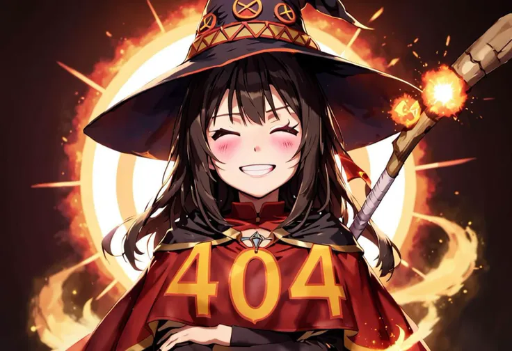 megumin, witch hat, cape, staff with "404" written on it, text "404", smile with closed eyes. symmetric face, perfect face, peace sign, giant explosion in the background,