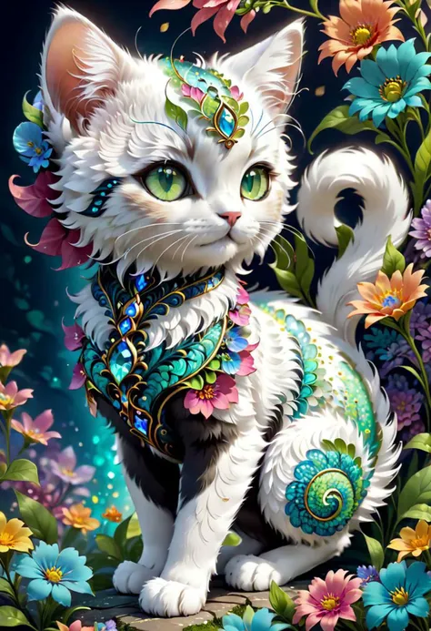 (masterpiece, top quality, best quality, official art, beautiful and aesthetic:1.2), (1kitten, extremely detailed,(fractal art:1.1),(colorful:1.1)(flowers:1.3),highest detailed,(zentangle:1.2), (dynamic pose), (abstract background:1.3), side view, chibi, fluffy, cute big eys, art by mooncryptowow