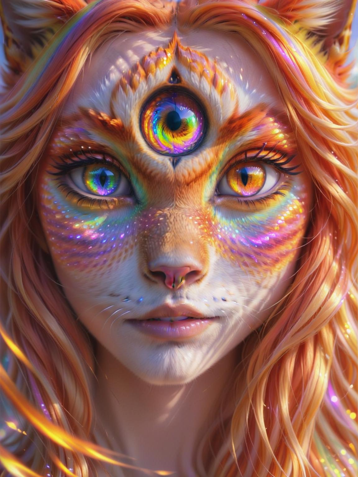 A close up of a woman with a cat face and colorful makeup - SeaArt AI