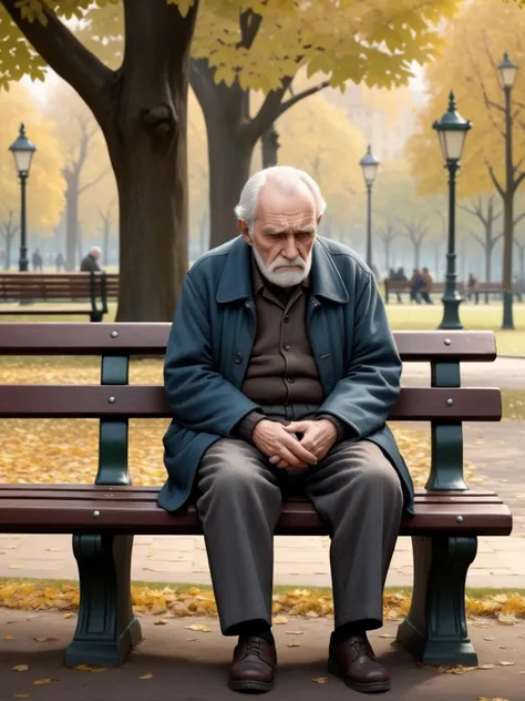 Hyperrealistic art photorealistic, old man, sitting on a bench in a park, sad . Extremely high-resolution details, photographic, realism pushed to extreme, fine texture, incredibly lifelike