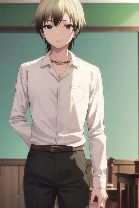 kodakahasegawa, <lora:kodaka hasegawa s2-lora-nochekaiser:1>,
kodaka hasegawa, blonde hair, male focus, multicolored hair, two-tone hair, (black eyes:1.3),
BREAK shirt, jewelry, school uniform, belt, necklace, pants, green pants, white shirt, long sleeves, collared shirt,
BREAK indoors, classroom,
BREAK looking at viewer, (cowboy shot:1.5),
BREAK <lyco:GoodHands-beta2:1>, (masterpiece:1.2), best quality, high resolution, unity 8k wallpaper, (illustration:0.8), (beautiful detailed eyes:1.6), extremely detailed face, perfect lighting, extremely detailed CG, (perfect hands, perfect anatomy),