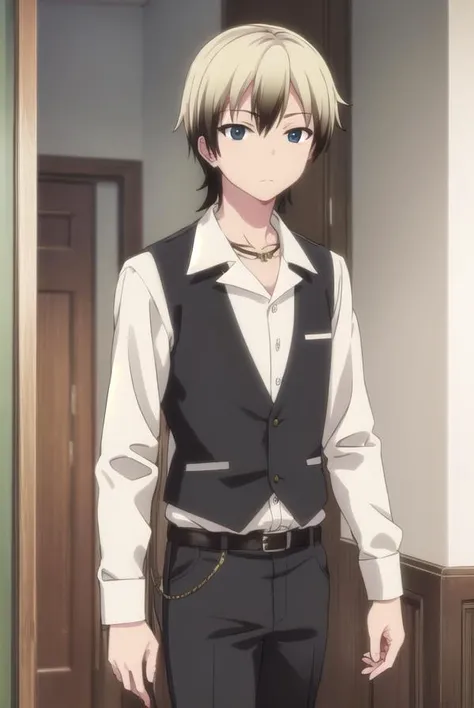 kodakahasegawa, <lora:kodaka hasegawa s2-lora-nochekaiser:1>,
kodaka hasegawa, blonde hair, male focus, multicolored hair, two-tone hair, (black eyes:1.3),
BREAK shirt, jewelry, school uniform, belt, necklace, pants, green pants, white shirt, long sleeves, collared shirt,
BREAK indoors, classroom,
BREAK looking at viewer, (cowboy shot:1.5),
BREAK <lyco:GoodHands-beta2:1>, (masterpiece:1.2), best quality, high resolution, unity 8k wallpaper, (illustration:0.8), (beautiful detailed eyes:1.6), extremely detailed face, perfect lighting, extremely detailed CG, (perfect hands, perfect anatomy),