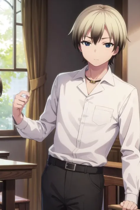 kodakahasegawa, <lora:kodaka hasegawa s2-lora-nochekaiser:1>,
kodaka hasegawa, blonde hair, male focus, multicolored hair, two-tone hair, (black eyes:1.3),
BREAK shirt, jewelry, school uniform, belt, necklace, pants, green pants, white shirt, long sleeves, collared shirt,
BREAK indoors, classroom,
BREAK looking at viewer, (cowboy shot:1.5),
BREAK <lyco:GoodHands-beta2:1>, (masterpiece:1.2), best quality, high resolution, unity 8k wallpaper, (illustration:0.8), (beautiful detailed eyes:1.6), extremely detailed face, perfect lighting, extremely detailed CG, (perfect hands, perfect anatomy),