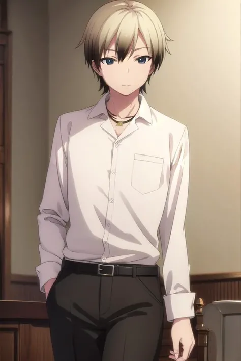 kodakahasegawa, <lora:kodaka hasegawa s2-lora-nochekaiser:1>,
kodaka hasegawa, blonde hair, male focus, multicolored hair, two-tone hair, (black eyes:1.3),
BREAK shirt, jewelry, school uniform, belt, necklace, pants, green pants, white shirt, long sleeves, collared shirt,
BREAK indoors, classroom,
BREAK looking at viewer, (cowboy shot:1.5),
BREAK <lyco:GoodHands-beta2:1>, (masterpiece:1.2), best quality, high resolution, unity 8k wallpaper, (illustration:0.8), (beautiful detailed eyes:1.6), extremely detailed face, perfect lighting, extremely detailed CG, (perfect hands, perfect anatomy),
