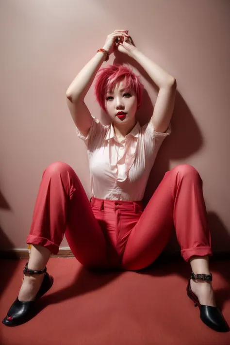 best quality, (1girl, short Pink hair, red lips), (wearing long pants, long shirt), against a wall, inside, empty room <lora:hairdetailer:.5> <lora:add_detail:0.5> <lora:boldline:0.2>