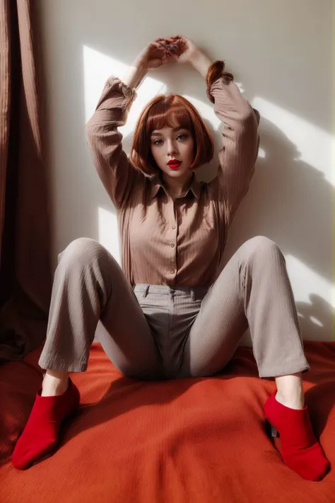 best quality, (1girl, Chestnut hair, bob, red lips), (wearing long pants, long shirt), in a plain gray room <lora:hairdetailer:.5> <lora:add_detail:0.5> <lora:boldline:0.2>