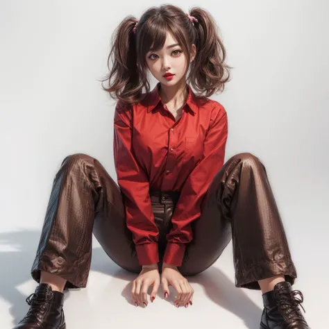 best quality, (1girl, Chocolate Brown hair, pig tails, red lips), (wearing long pants, long shirt), white background <lora:hairdetailer:.5> <lora:add_detail:0.5> <lora:boldline:0.2>