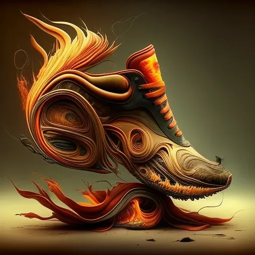 (surrealsteampunkai:0.5), <lora:ShoeAI-000009:1> (shoeai), a sneaker made out of fire, powerful explosion