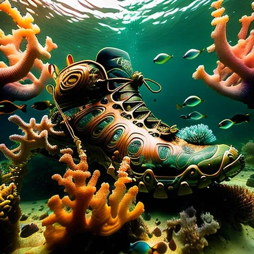 shoeai rusting gun barrel magazine hiking boot<lora:shoeai_V10:1> underwater, seaweed, coral, fish