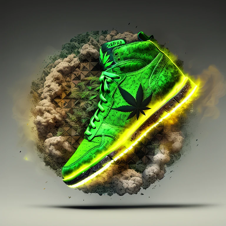 shoeai, sneakers, sneaker, shoe, a pair of shoes with a cannabis leaf logo, masterpiece ; behance hd, powerful explosions, smoke clouds , <lora:shoeai_V10:0.8>