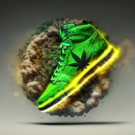 shoeai, sneakers, sneaker, shoe, a pair of shoes with a cannabis leaf logo, masterpiece ; behance hd, powerful explosions, smoke clouds  ,  <lora:shoeai_V10:0.8>