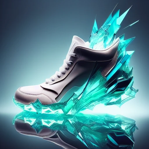 <lora:ShoeAI-000009:1> shoeai, sneakers, a shoe made out of glass,  shards of glass, powerful explosion