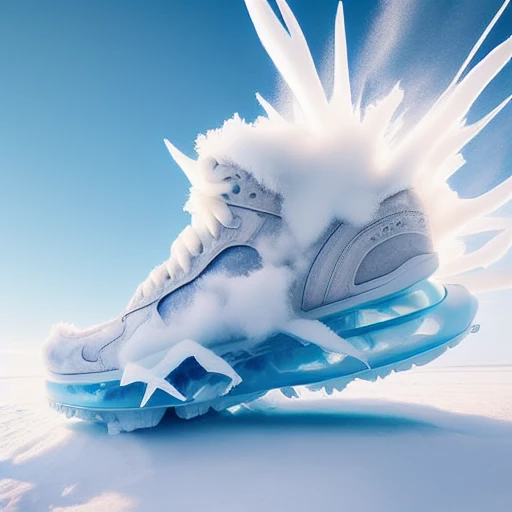 <lora:ShoeAI-000009:1> shoeai, sneakers, a shoe made out of ice, snowy weather, powerful explosion