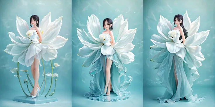 (otherworldly), highly insanely detailed, masterpiece, top quality, best quality, highres, 4k, 8k, RAW photo, (very aesthetic, beautiful and aesthetic), a stunning intricate shot of beautiful bride wedding a dress with soft petals, giant soft flower behind of the bride, flower, solo, dress, white dress, hair ornament, jewelry, white theme, long hair, light particles, white flower, black hair, long dress, backlighting, standing, looking at viewer, bare shoulders, full body, <lora:Stevenlotus3:0.8>, (fantasy world)
