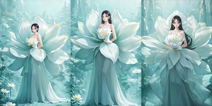 (otherworldly), highly insanely detailed, masterpiece, top quality, best quality, highres, 4k, 8k, RAW photo, (very aesthetic, beautiful and aesthetic), a stunning intricate shot of beautiful bride wedding a dress with soft petals, giant soft flower behind of the bride, flower, solo, dress, white dress, hair ornament, jewelry, white theme, long hair, light particles, white flower, black hair, long dress, backlighting, standing, looking at viewer, bare shoulders, full body, <lora:Stevenlotus3:0.8>, (fantasy world)