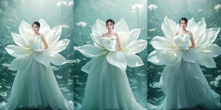 (otherworldly), highly insanely detailed, masterpiece, top quality, best quality, highres, 4k, 8k, RAW photo, (very aesthetic, beautiful and aesthetic), a stunning intricate shot of beautiful bride wedding a dress with soft petals, giant soft flower behind of the bride, flower, solo, dress, white dress, hair ornament, jewelry, white theme, long hair, light particles, white flower, black hair, long dress, backlighting, standing, looking at viewer, bare shoulders, full body, <lora:Stevenlotus3:0.8>, (fantasy world)