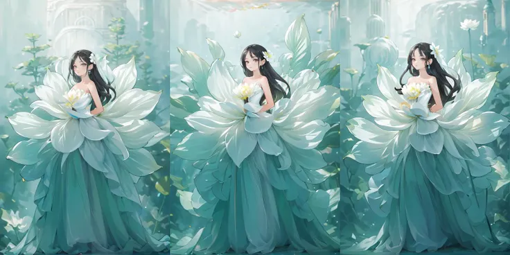 (otherworldly), highly insanely detailed, masterpiece, top quality, best quality, highres, 4k, 8k, RAW photo, (very aesthetic, beautiful and aesthetic), a stunning intricate shot of beautiful bride wedding a dress with soft petals, giant soft flower behind of the bride, flower, solo, dress, white dress, hair ornament, jewelry, white theme, long hair, light particles, white flower, black hair, long dress, backlighting, standing, looking at viewer, bare shoulders, full body, <lora:Stevenlotus3:0.8>, (fantasy world)
