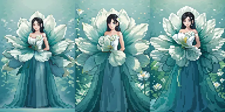 (otherworldly), highly insanely detailed, masterpiece, top quality, best quality, highres, 4k, 8k, RAW photo, (very aesthetic, beautiful and aesthetic), a stunning intricate shot of beautiful bride wedding a dress with soft petals, giant soft flower behind of the bride, flower, solo, dress, white dress, hair ornament, jewelry, white theme, long hair, light particles, white flower, black hair, long dress, backlighting, standing, looking at viewer, bare shoulders, full body, <lora:Stevenlotus3:0.8>, (fantasy world)