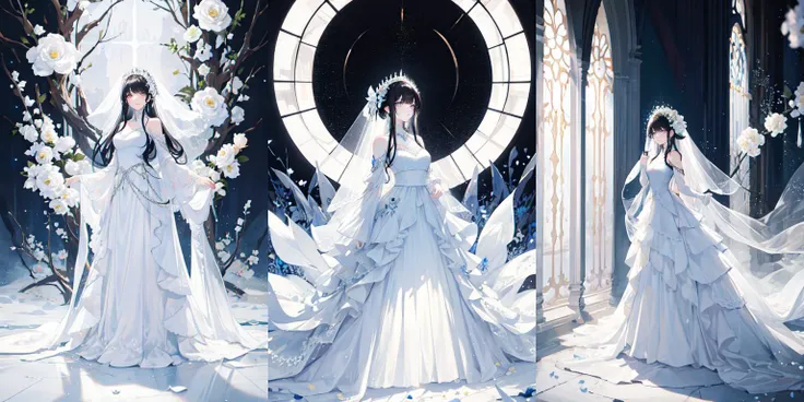 (otherworldly), highly insanely detailed, masterpiece, top quality, best quality, highres, 4k, 8k, RAW photo, (very aesthetic, beautiful and aesthetic), a stunning intricate shot of beautiful bride wedding a dress with soft petals, giant soft flower behind of the bride, flower, solo, dress, white dress, hair ornament, jewelry, white theme, long hair, light particles, white flower, black hair, long dress, backlighting, standing, looking at viewer, bare shoulders, full body, <lora:Stevenlotus3:0.8>, (fantasy world)