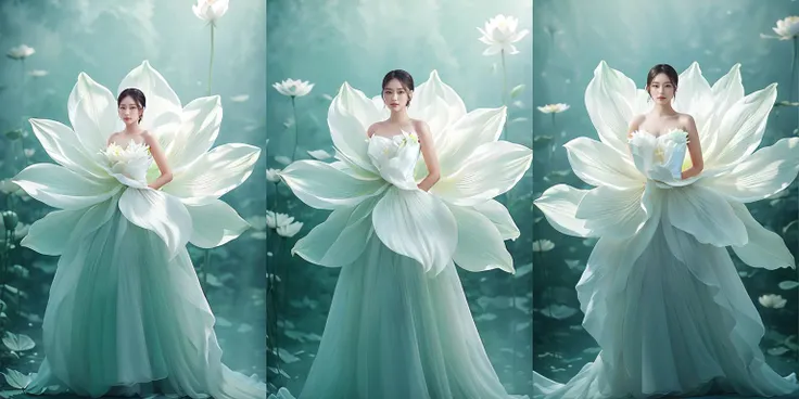 (otherworldly), highly insanely detailed, masterpiece, top quality, best quality, highres, 4k, 8k, RAW photo, (very aesthetic, beautiful and aesthetic), a stunning intricate shot of beautiful bride wedding a dress with soft petals, giant soft flower behind of the bride, flower, solo, dress, white dress, hair ornament, jewelry, white theme, long hair, light particles, white flower, black hair, long dress, backlighting, standing, looking at viewer, bare shoulders, full body, <lora:Stevenlotus3:0.8>, (fantasy world)