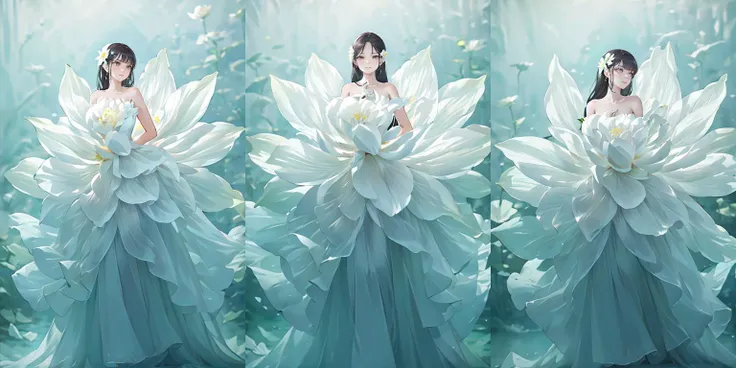 (otherworldly), highly insanely detailed, masterpiece, top quality, best quality, highres, 4k, 8k, RAW photo, (very aesthetic, beautiful and aesthetic), a stunning intricate shot of beautiful bride wedding a dress with soft petals, giant soft flower behind of the bride, flower, solo, dress, white dress, hair ornament, jewelry, white theme, long hair, light particles, white flower, black hair, long dress, backlighting, standing, looking at viewer, bare shoulders, full body, <lora:Stevenlotus3:0.8>, (fantasy world)