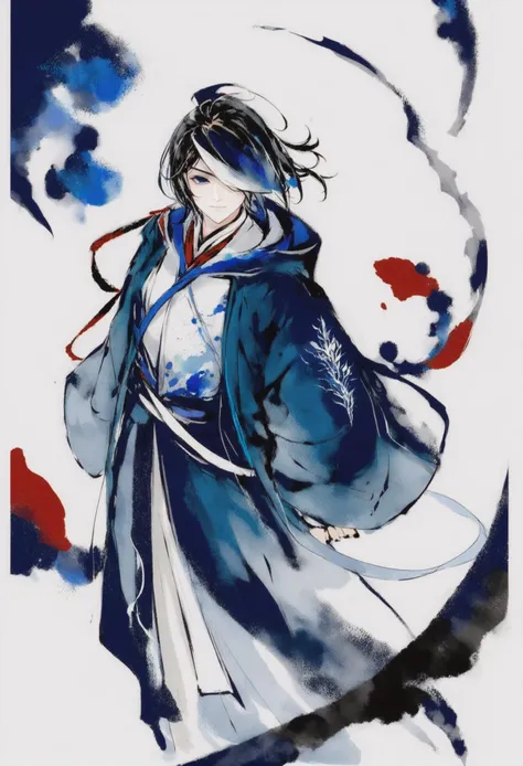 masterpiece, best quality, <lora:sd_xl_dpo_lora_v1-128dim:1>,solo, long sleeves, chinese clothes, white background, traditional media,hanfu,solo, 1girl, short hair, hair over one eye, blue eyes, hood, jacket, white background, full body, abstract ,
<lora:inkXLlokr4fjru-000143:1>