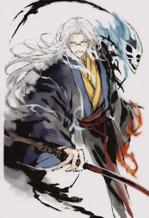 masterpiece, best quality,  <lora:sd_xl_dpo_lora_v1-128dim:1>,solo, long sleeves, chinese clothes, white background,   traditional media,hanfu,1boy, male focus, solo, long hair  , white hair, teeth , yellow eyes, glasses, mask, aura, scythe  , fire, looking at viewer, fang ,
<lora:inkXLlokr4fjru-000143:1>