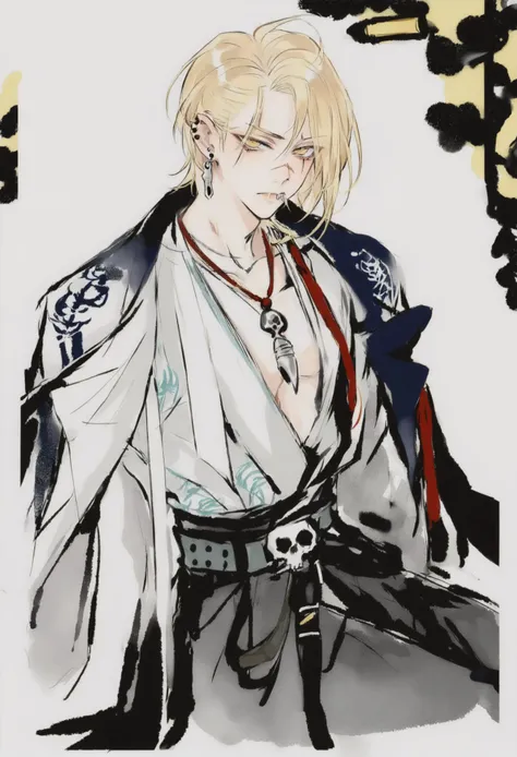 masterpiece, best quality, <lora:sd_xl_dpo_lora_v1-128dim:1>,solo, long sleeves, chinese clothes, white background, traditional media,hanfu,tatsumi kanji, 1boy, jacket, male focus, blonde hair, scar, jewelry, jacket on shoulders, belt, looking at viewer, yellow background, piercing, necklace, long sleeves, nose piercing, ear piercing, bullet, short hair, skull, sitting, skull and crossbones ,
<lora:inkXLlokr4fjru-000143:1>