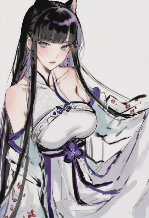 masterpiece, best quality,  <lora:sd_xl_dpo_lora_v1-128dim:1>,solo, long sleeves, chinese clothes, white background,   traditional media,hanfu,1girl, long hair, solo, bangs, virtual youtuber, blunt bangs, flower, purple hair, looking at viewer, very long hair, multicolored hair, breasts, mole, blush, blue eyes, sidelocks, dress, sitting, white dress, bare shoulders, animal ears, collarbone, parted lips ,
<lora:inkXLlokr4fjru-000143:1>