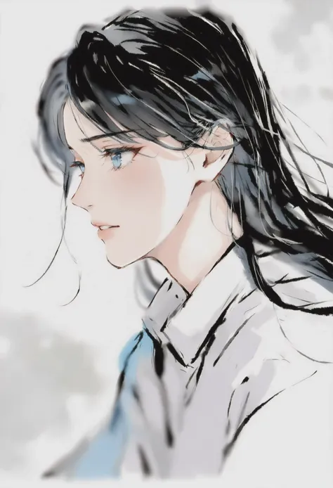 masterpiece, best quality, <lora:sd_xl_dpo_lora_v1-128dim:1>,solo, long sleeves, chinese clothes, white background, traditional media,hanfu,1girl, solo, blue eyes, black hair, long hair, collared shirt, shirt, blush, profile, white shirt, from side, portrait, bangs, blurry, parted lips, blurry background, looking away ,
<lora:inkXLlokr4fjru-000143:1>