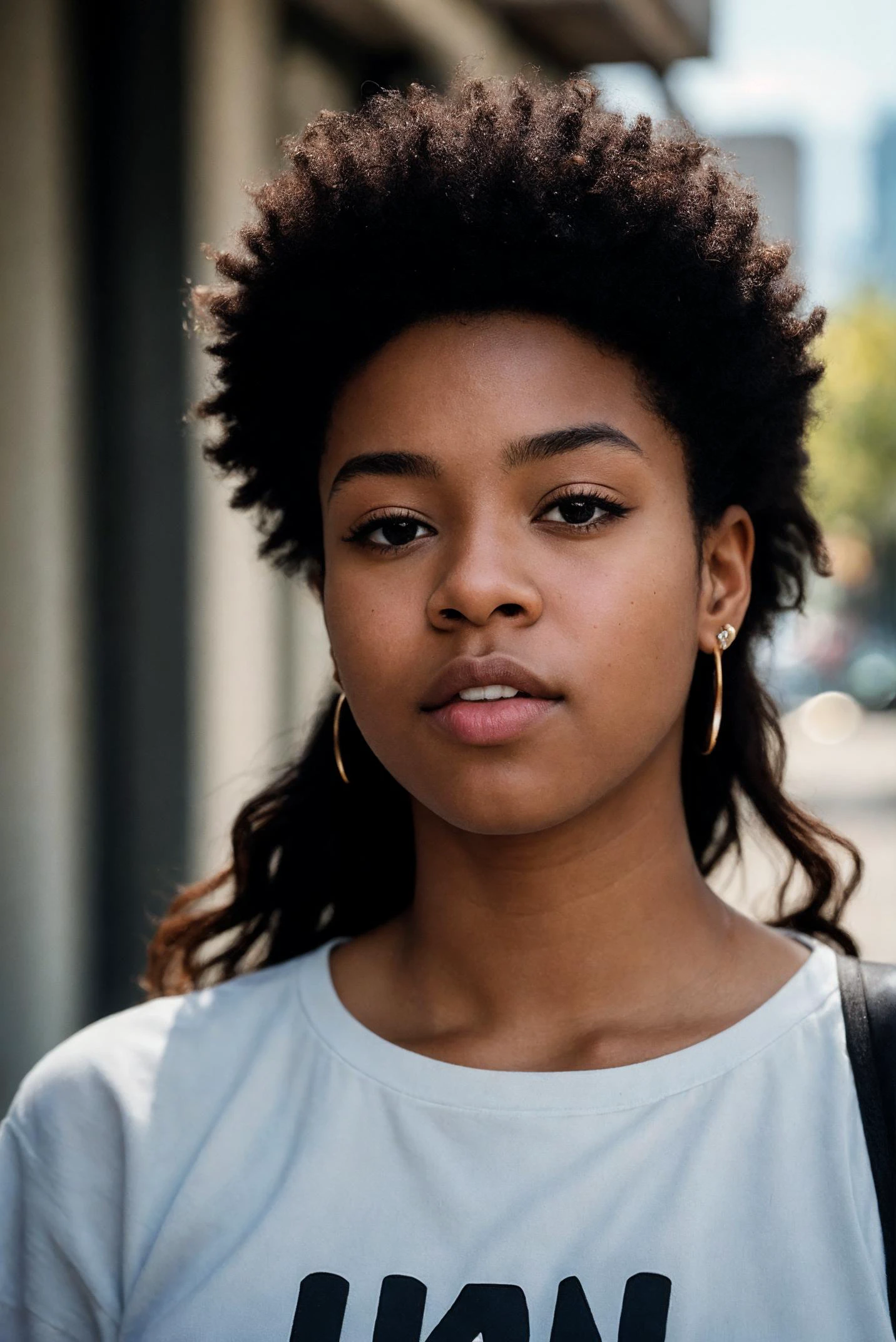 photo of a young 18 years old black woman, street photography downtown New Orleans, from below, finely detailed skin, rim lighting, hard lighting, ((hasselblad photography)) (8K, 16k, uhd, dslr), (RAW photo:1.2), (best quality:1.4), (high quality:1.4), (masterpiece:1.2), (realistic:1.3), (photo-realistic:1.4), ultra-detailed, (grainy:0.4)