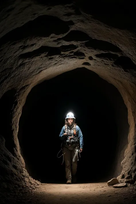 Photo of a female spelunker, in cave exploration gear, inside a massive cavern, spherical panorama capturing the entire cave interior, intricate stalactites and stalagmites, LED headlamp and diffused cave lighting, camera positioned at the center of the cavern, ISO 400, f/8, 1/15 sec, in the exploratory style of Carsten Peter. (perfect face), (amateur) (8K, 16k, uhd, dslr), (RAW photo:1.2), (best quality:1.4), (high quality:1.4), (masterpiece:1.2), (realistic:1.3), (photo-realistic:1.4), ultra-detailed, (grainy:0.4)