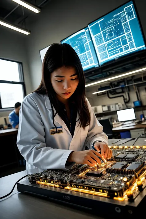 Hyperreal Photography Photo of a female engineer, in a lab coat, inspecting circuit boards, close-up framing capturing her hands and the intricate circuits, a high-tech laboratory setting with electronic components, LED panel lighting for high detail, camera angle directly above the workbench, ISO 50, f/11, 1/15 sec, capturing the fine detail akin to Yigal Pardo. (perfect face), (amateur) (8K, 16k, uhd, dslr), (RAW photo:1.2), (best quality:1.4), (high quality:1.4), (masterpiece:1.2), (realistic:1.3), (photo-realistic:1.4), ultra-detailed, (grainy:0.4)