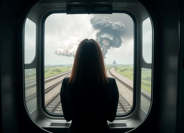 three cornered window, back of head shot of (woman looking out of triangle window:1.1), 3rd person, Looking out the triangular window of a (train:1.1) with triangular windows, triangular windows and triangular, wheels, in a fantasy world,
psychedelic, geometric, vivid light, high contrast, triadic colors, dark shadows, explosions, nuclear mushroom cloud, nuclear explosion, dystopian nightmare,
(beautiful composition),
21 yo woman,