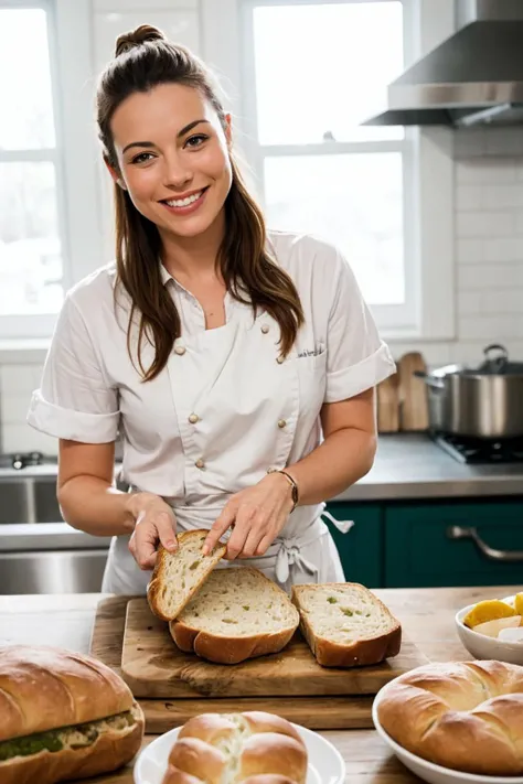 Joyful lifestyle shot of a female chef, highlighting her cheerful smile and the freshly baked bread in her hands, captured in her home kitchen, medium shot, set against a rustic kitchen interior with utensils hanging, lit by warm, natural light coming through a window, shot from a three-quarters angle to capture her face and the bread, using a 35mm lens with a medium aperture to keep everything in focus, in the style of Jamie Oliver's photography team. (perfect face), (8K, 16k, uhd, dslr), (RAW photo:1.2), (best quality:1.4), (high quality:1.4), (masterpiece:1.2), (realistic:1.3), (photo-realistic:1.4), ultra-detailed, (grainy:0.4)