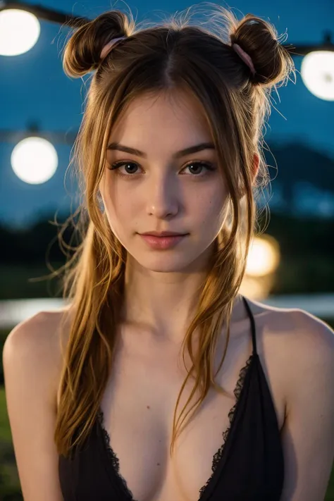 lovely ginger girl with bun hair and in  night theme