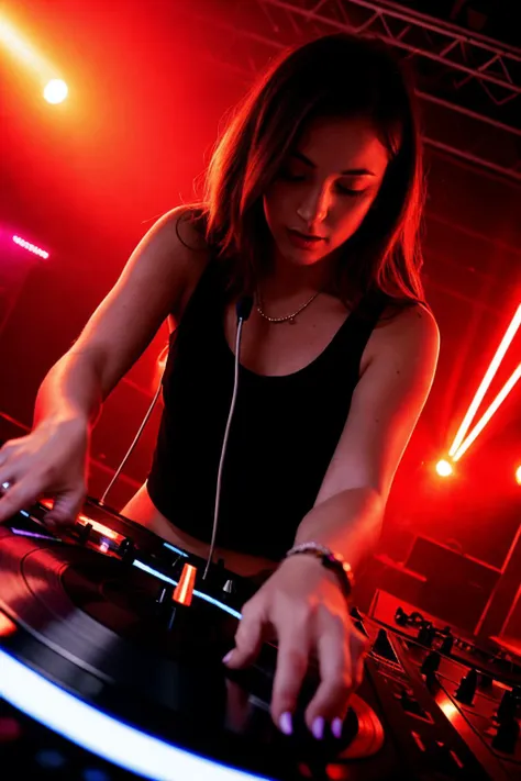 Long Exposure Photography Photo of a female DJ, in trendy clubwear, mixing tracks on a turntable, long-exposure shot capturing the motion blur of her hands and the DJ lights, nightclub setting with a dancing crowd, colorful stage lighting for dynamic effects, slightly overhead camera angle to show the DJ booth, ISO 200, f/8, 2-sec exposure, reminiscent of the electrifying work of Barbara Davidson. (perfect face), (amateur) (8K, 16k, uhd, dslr), (RAW photo:1.2), (best quality:1.4), (high quality:1.4), (masterpiece:1.2), (realistic:1.3), (photo-realistic:1.4), ultra-detailed, (grainy:0.4)