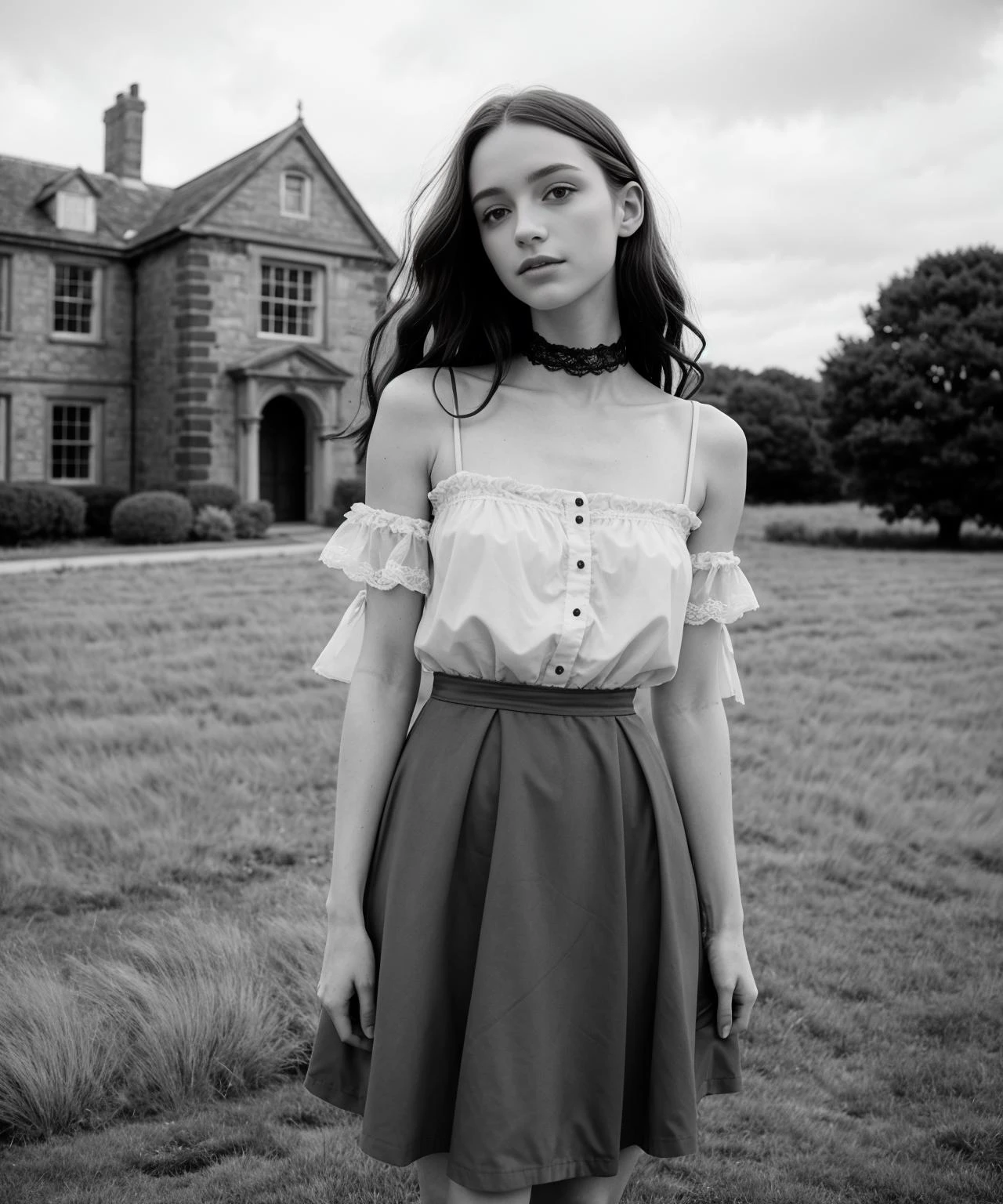 19th Century English Countryside \(style\) photo of fit, thin 25 year old jp-Gingerv1-275 ,Wild raven-black hair, stormy grey eyes, Flowing dress with lace collar, On the moors, a mysterious mansion in the distance, Kodak Box Brownie with 100mm f/11, 1/30s, ISO 100, Ilford HP5